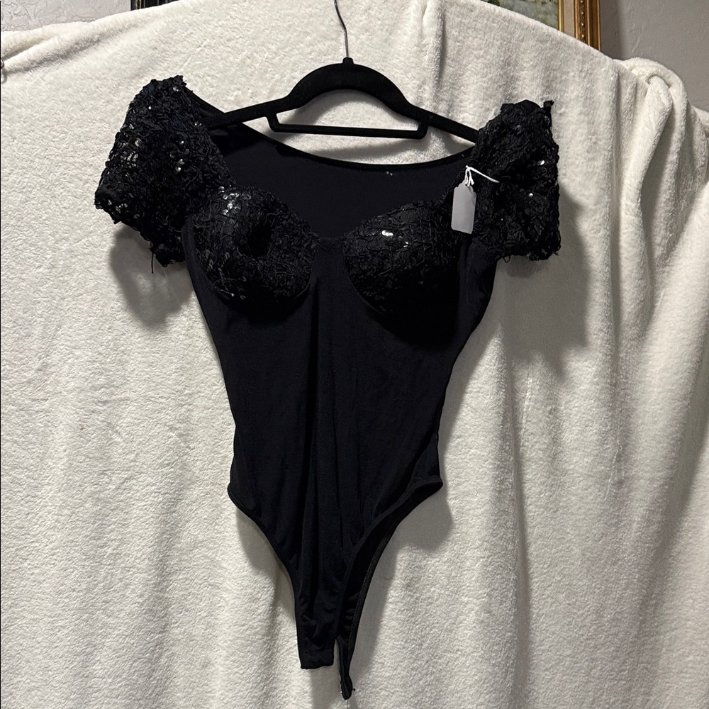 Y2K Black Sequin Puff Sleeve Bodysuit - Women Tops